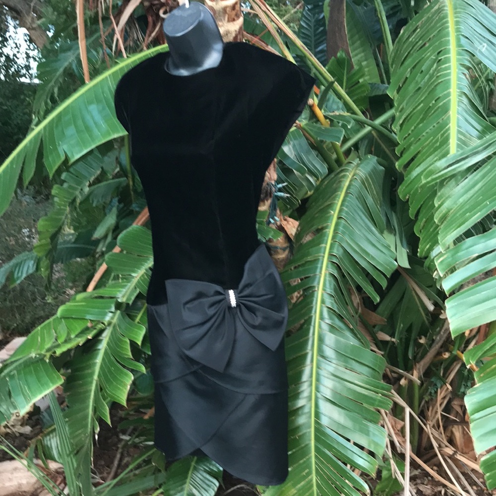 Vintage 80s power shoulder velvet dress with giant bow